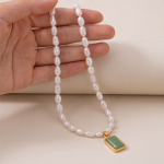 Rectangular Green Jade Pendant on Freshwater Pearl Necklace - 图片 2