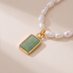 Rectangular Green Jade Pendant on Freshwater Pearl Necklace - 图片 4