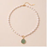 Carved Jade Coin Pendant Necklace on Freshwater Pearls