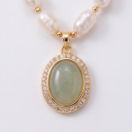 Oval Jade Cabochon Halo Pendant on Pearl and Gold Bead Necklace - Image 3