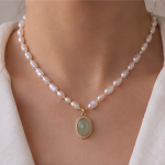 Oval Jade Cabochon Halo Pendant on Pearl and Gold Bead Necklace - Image 2