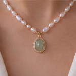 Oval Jade Cabochon Halo Pendant on Pearl and Gold Bead Necklace - Image 6