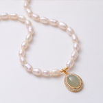 Oval Jade Cabochon Halo Pendant on Pearl and Gold Bead Necklace - Image 4
