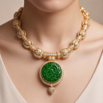 Carved Jade Medallion Collar Necklace with Pave Cubic Zirconia in Gold Tone - Image 2