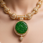 Carved Jade Medallion Collar Necklace with Pave Cubic Zirconia in Gold Tone - Image 5