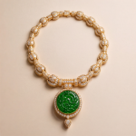 Carved Jade Medallion Collar Necklace with Pave Cubic Zirconia in Gold Tone