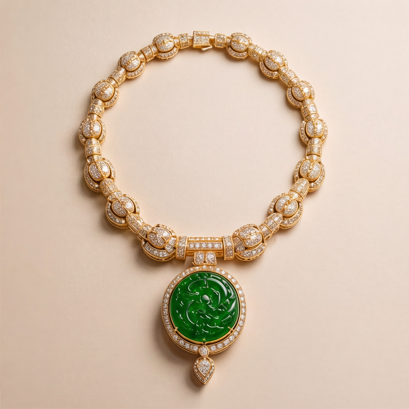1786356935_f632a47d-3 Carved Jade Medallion Collar Necklace with Pave Cubic Zirconia in Gold Tone - Image 1