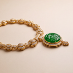 Carved Jade Medallion Collar Necklace with Pave Cubic Zirconia in Gold Tone - Image 3