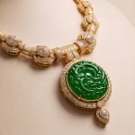 Carved Jade Medallion Collar Necklace with Pave Cubic Zirconia in Gold Tone - Image 4