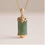 Jade Cylinder Barrel Pendant Necklace with Leaf Cap in Gold Tone - Image 8