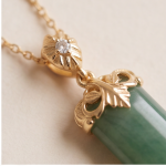 Jade Cylinder Barrel Pendant Necklace with Leaf Cap in Gold Tone - Image 6