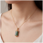 Jade Cylinder Barrel Pendant Necklace with Leaf Cap in Gold Tone - Image 2