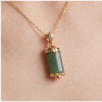 Jade Cylinder Barrel Pendant Necklace with Leaf Cap in Gold Tone - Image 3