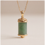 Jade Cylinder Barrel Pendant Necklace with Leaf Cap in Gold Tone - Image 4