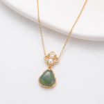 Organic Jade Cabochon Pendant Necklace with Pearl Clover Motif