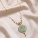 Carved Jade Disc Necklace with Pearl Stations and Filigree Bow