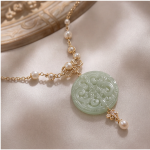 Carved Jade Disc Necklace with Pearl Stations and Filigree Bow - 图片 3