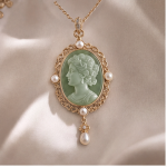 Green Cameo Pendant Necklace with Freshwater Pearls in Gold Tone
