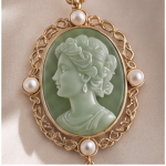 Green Cameo Pendant Necklace with Freshwater Pearls in Gold Tone - 图片 3