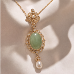 Oval Jade Cabochon Filigree Pendant Necklace with Pearl Drop - 图片 3