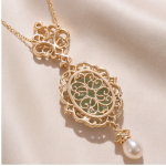 Oval Jade Cabochon Filigree Pendant Necklace with Pearl Drop - 图片 7