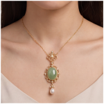 Oval Jade Cabochon Filigree Pendant Necklace with Pearl Drop - 图片 5
