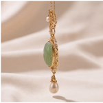 Oval Jade Cabochon Filigree Pendant Necklace with Pearl Drop - 图片 4