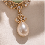 Oval Jade Cabochon Filigree Pendant Necklace with Pearl Drop - 图片 8