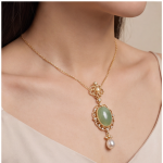 Oval Jade Cabochon Filigree Pendant Necklace with Pearl Drop - 图片 2