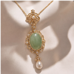Oval Jade Cabochon Filigree Pendant Necklace with Pearl Drop