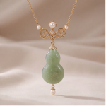Carved Jade Gourd Pendant Necklace with Pearl Accents in Gold Tone