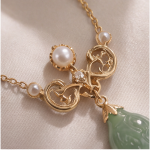 Carved Jade Gourd Pendant Necklace with Pearl Accents in Gold Tone - Image 4