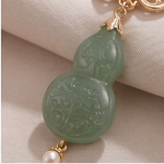 Carved Jade Gourd Pendant Necklace with Pearl Accents in Gold Tone - Image 3