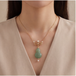 Carved Jade Gourd Pendant Necklace with Pearl Accents in Gold Tone - Image 2