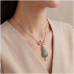 Carved Jade Gourd Pendant Necklace with Pearl Accents in Gold Tone - Image 5