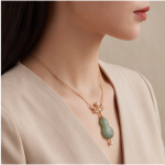 Carved Jade Gourd Pendant Necklace with Pearl Accents in Gold Tone - Image 8