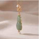 Carved Jade Gourd Pendant Necklace with Pearl Accents in Gold Tone - Image 7