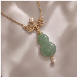 Carved Jade Gourd Pendant Necklace with Pearl Accents in Gold Tone - Image 6