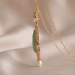 Pear-Shaped Jade Pendant Necklace in Gold Filigree with Pearl Drop - Image 8