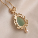 Pear-Shaped Jade Pendant Necklace in Gold Filigree with Pearl Drop - Image 4