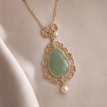 Pear-Shaped Jade Pendant Necklace in Gold Filigree with Pearl Drop