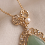 Pear-Shaped Jade Pendant Necklace in Gold Filigree with Pearl Drop - Image 6