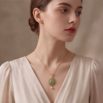 Pear-Shaped Jade Pendant Necklace in Gold Filigree with Pearl Drop - Image 5