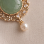 Pear-Shaped Jade Pendant Necklace in Gold Filigree with Pearl Drop - Image 7