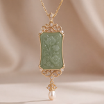 Carved Jade Plaque Pendant Necklace with Filigree Frame and Pearl Drop - Image 8