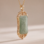 Carved Jade Plaque Pendant Necklace with Filigree Frame and Pearl Drop - Image 3