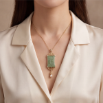Carved Jade Plaque Pendant Necklace with Filigree Frame and Pearl Drop - Image 4