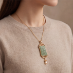 Carved Jade Plaque Pendant Necklace with Filigree Frame and Pearl Drop - Image 6