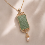 Carved Jade Plaque Pendant Necklace with Filigree Frame and Pearl Drop