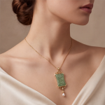Carved Jade Plaque Pendant Necklace with Filigree Frame and Pearl Drop - Image 2